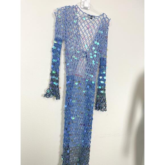 Blue Sequin Mesh Crochet Mermaid Cover Up Dress Maxi Womens XL Fashion Nova Swim - Picture 8 of 11